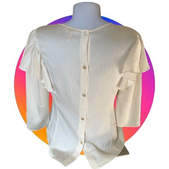 REBECCA TAYLOR Pebbled Silk Woman 3/4 SLEEVE RUFFLE VANILLA Ivory BLOUSE 0 XS 2 - Picture 5 of 9